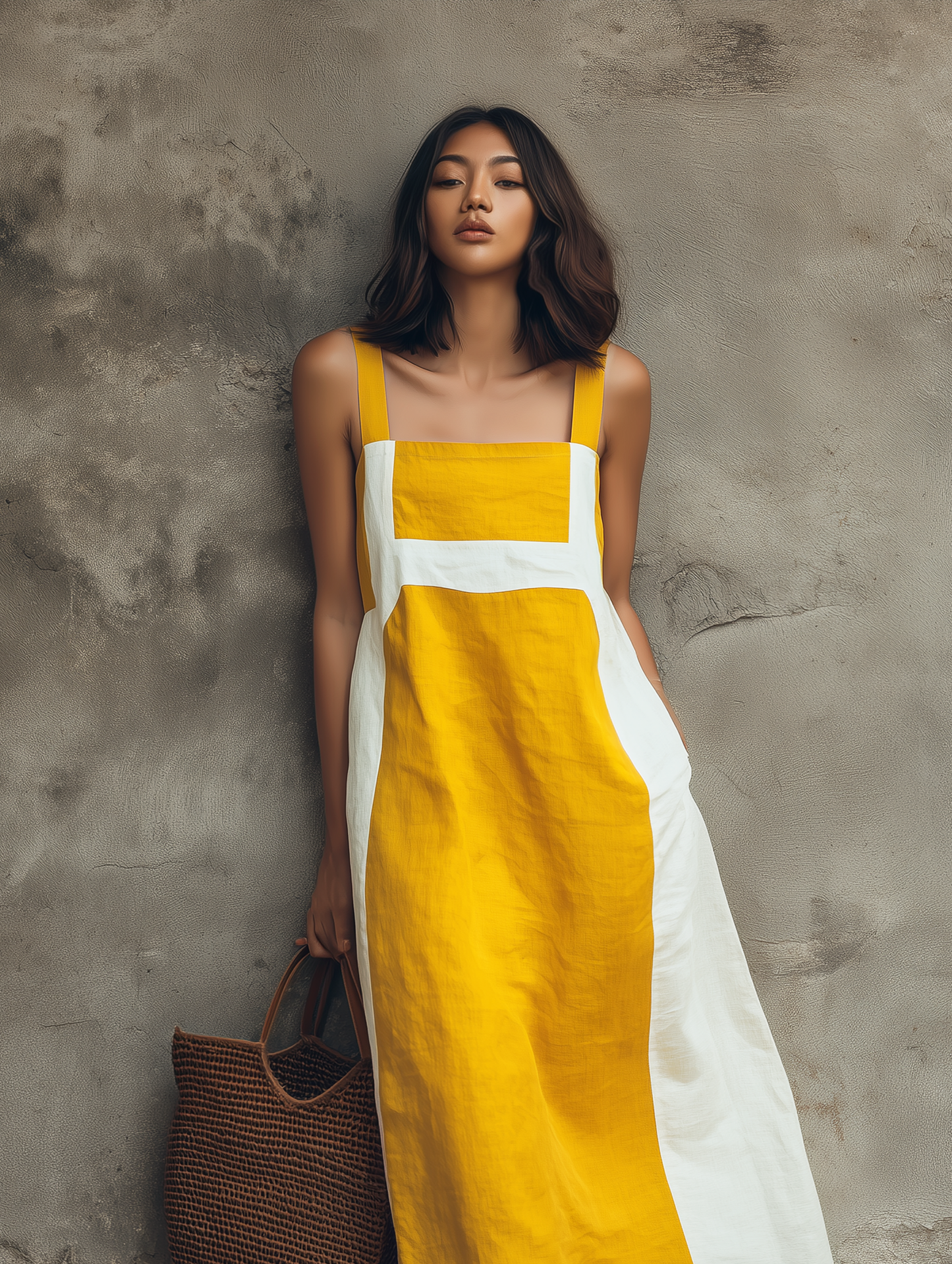 Women's Casual Yellow And White Color-block Cotton-linen Sleeveless Maxi Dress With Straps MDZ1781F9LXY