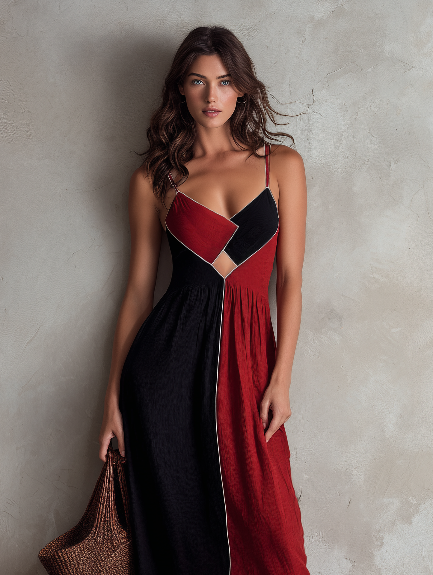 Women's Casual Red And Black Color-block Cotton-linen Sleeveless Maxi Dress With Straps MDZ1748F8LXY