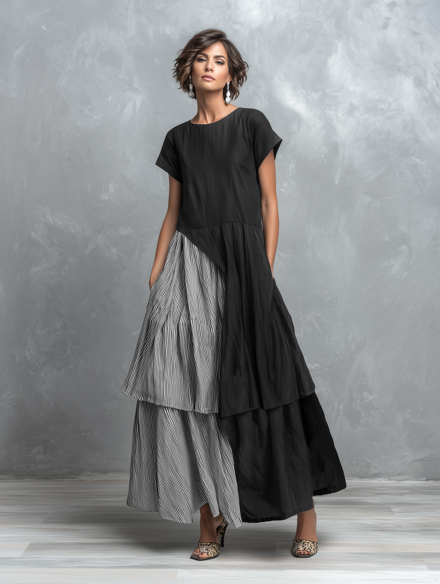 Women's Linen-Blend Striped Color-Block Short-Sleeve Maxi Dress MDZ1840F2WY