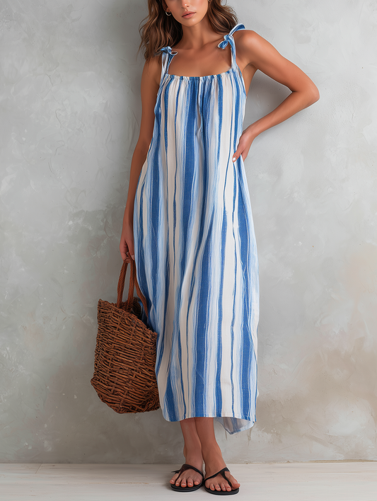 Women's Casual Blue Striped Cotton-linen Sleeveless Camisole Maxi Dress MDZ1857F3LXY