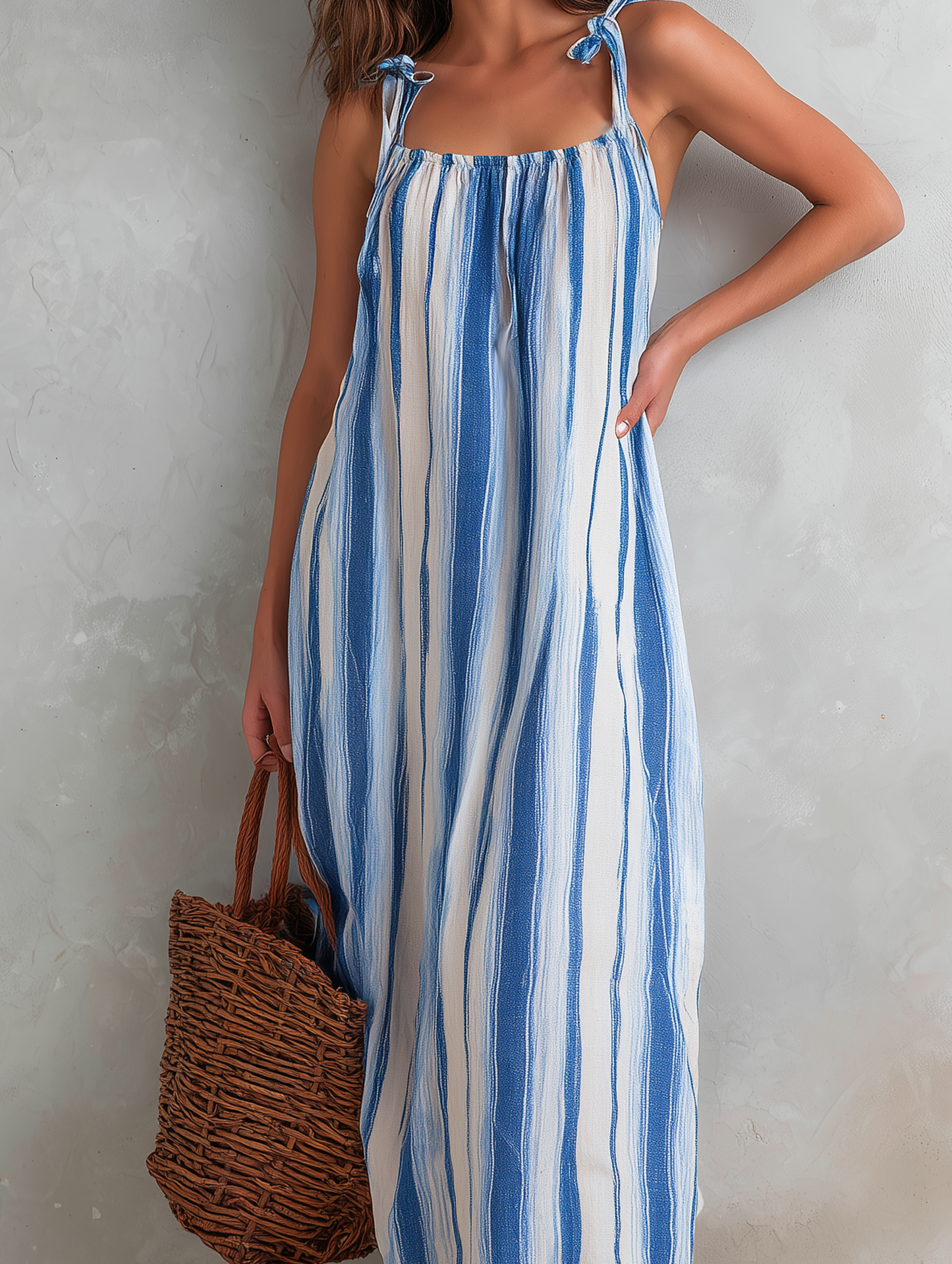 Women's Casual Blue Striped Cotton-linen Sleeveless Camisole Maxi Dress MDZ1857F3LXY