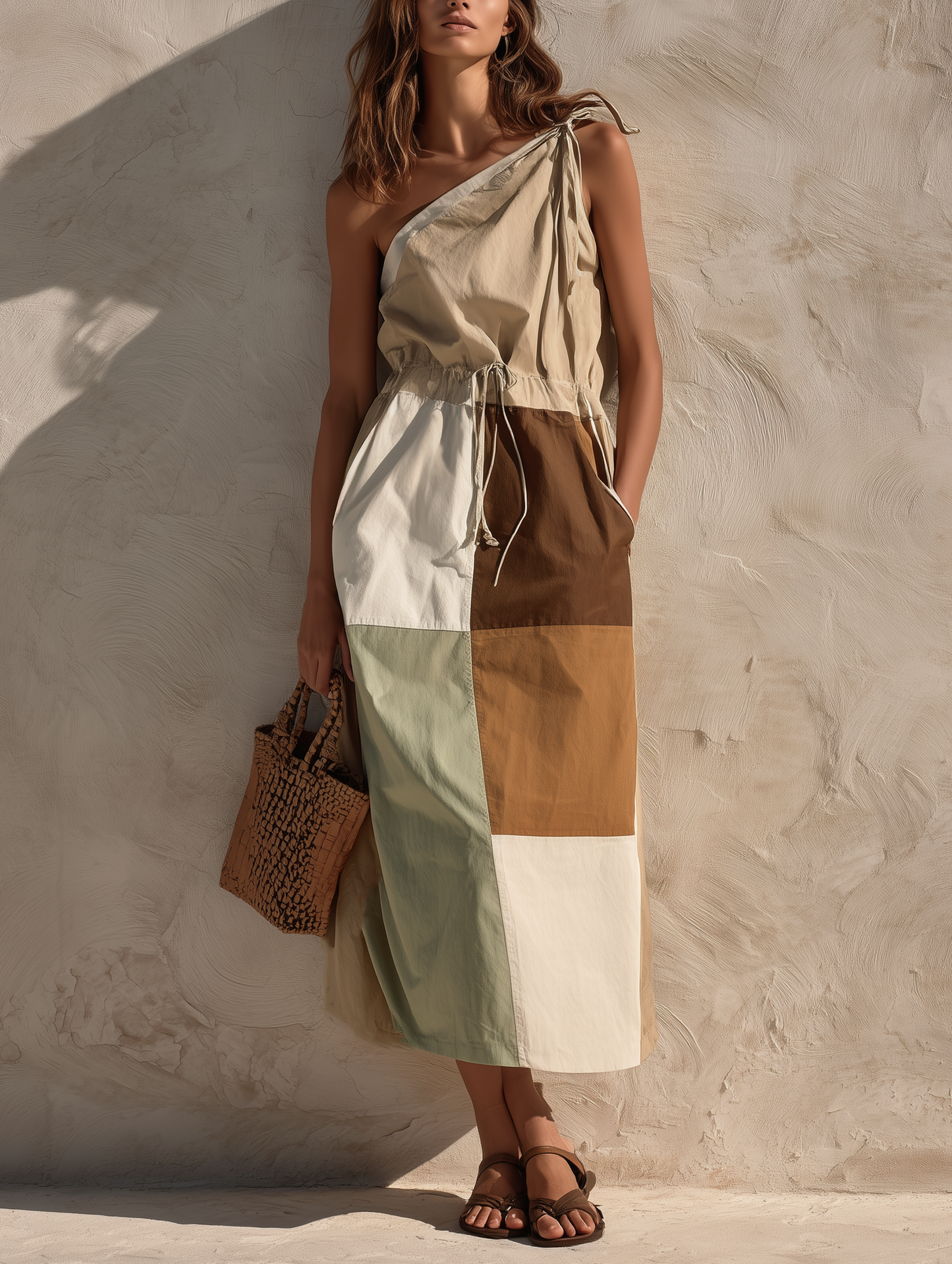 Women's Casual Khaki Color-blocked Woven One-shoulder Sleeveless Maxi Dress MDZ1836F2LXY