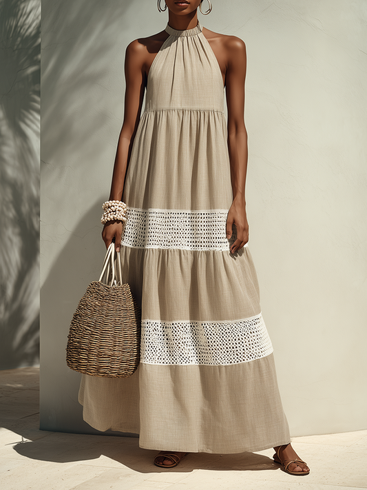 Women's Minimalist Beige Halter-Neck Maxi Dress With Cut-Out Crochet Paneling MDZ2282F8ZRK