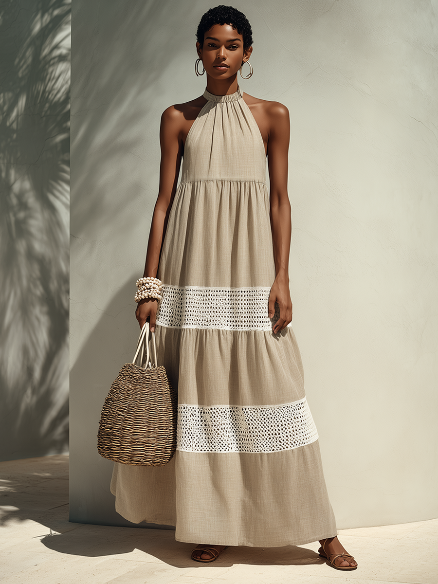 Women's Minimalist Beige Halter-Neck Maxi Dress With Cut-Out Crochet Paneling MDZ2282F8ZRK