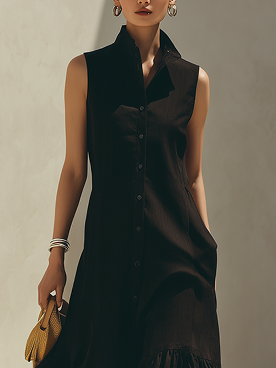 Women's Black Sleeveless Stand-Collar Shirt-Style Maxi Dress With Striped Ruffle Hem MDZ2289F8ZRK