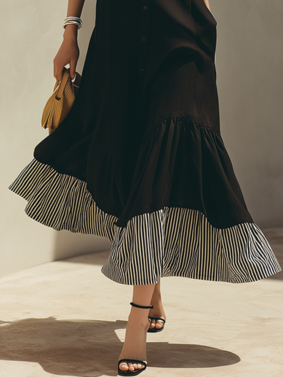 Women's Black Sleeveless Stand-Collar Shirt-Style Maxi Dress With Striped Ruffle Hem MDZ2289F8ZRK