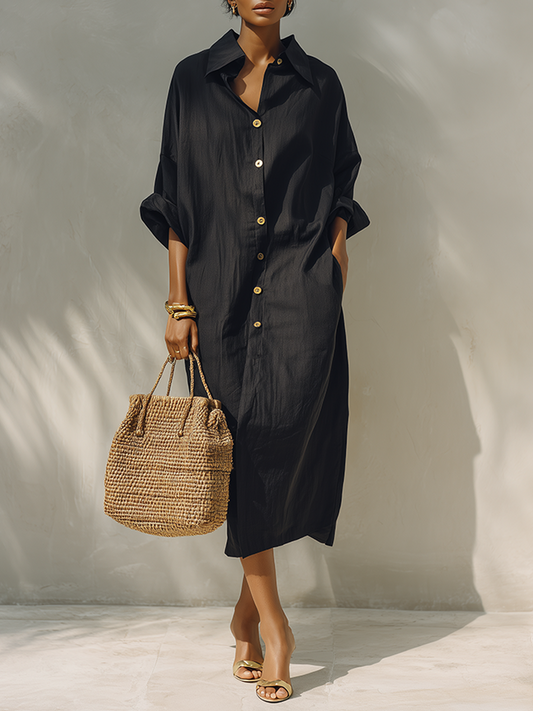 Women's Minimalist Solid Black Midi Shirt Dress MDZ2259F0ZRK