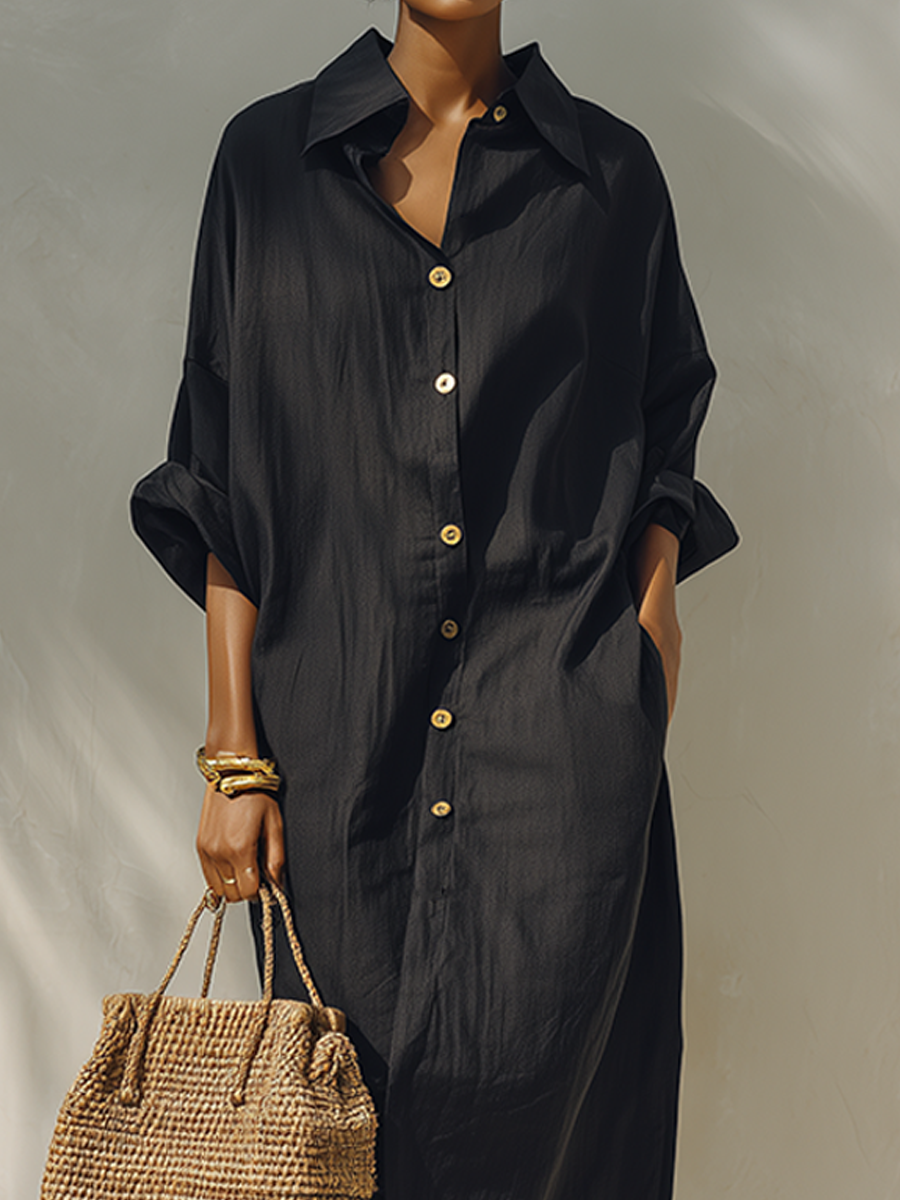 Women's Minimalist Solid Black Midi Shirt Dress MDZ2259F0ZRK