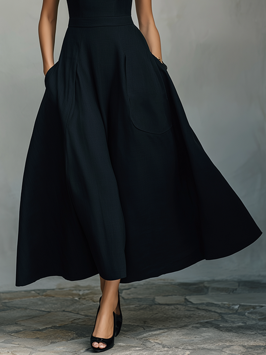 Women's Black Cotton-Blend Maxi Dress With Wide Square Neck Thick Straps & Side Patch Pockets, Minimalist Elegant Formal Swing Dress MDZ2269F2LYL
