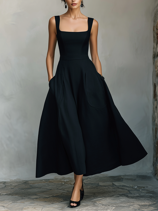 Women's Black Cotton-Blend Maxi Dress With Wide Square Neck Thick Straps & Side Patch Pockets, Minimalist Elegant Formal Swing Dress MDZ2269F2LYL