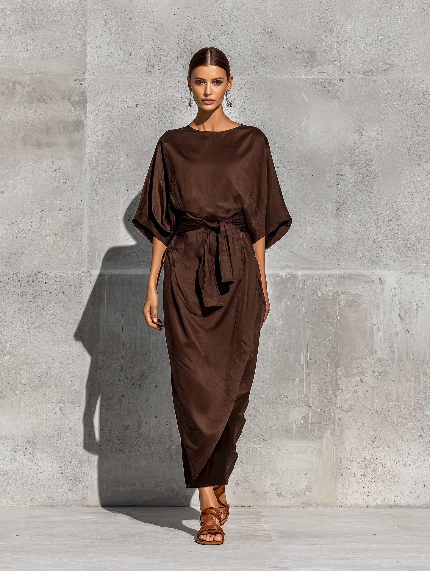 Women’s Chocolate Brown Satin Crew Neck Batwing Short Sleeve Self Tie Waist Wrap Split Midi Dress With Side Pockets MDZ2298F1T