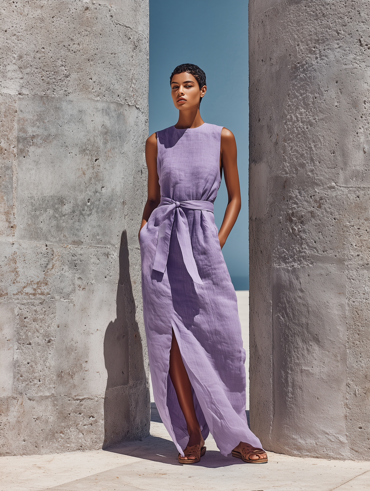 Women’s Lavender Linen Sleeveless Crew Neck Self Tie Waist Front Side Slit Maxi Dress With Side Pockets MDZ2277F9T