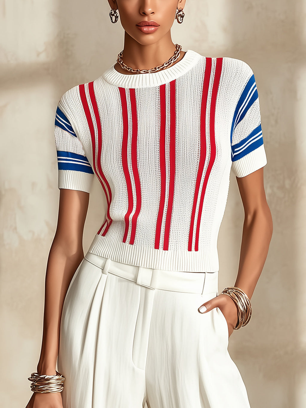 White Knit Short Sleeve Top With Red And Blue Stripes