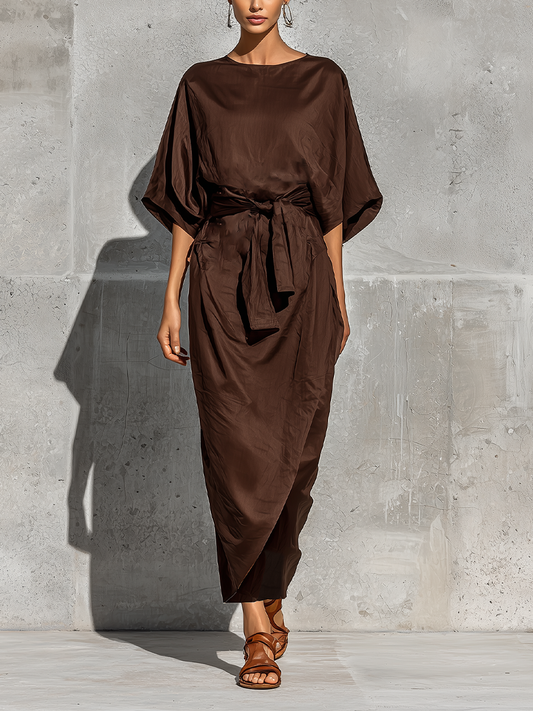Women’s Chocolate Brown Satin Crew Neck Batwing Short Sleeve Self Tie Waist Wrap Split Midi Dress With Side Pockets MDZ2298F1T