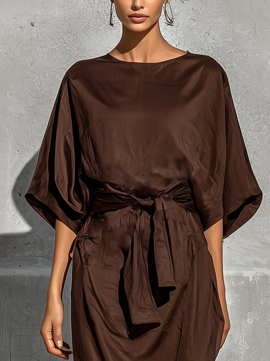 Women’s Chocolate Brown Satin Crew Neck Batwing Short Sleeve Self Tie Waist Wrap Split Midi Dress With Side Pockets MDZ2298F1T