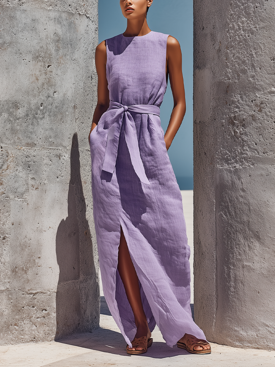 Women’s Lavender Linen Sleeveless Crew Neck Self Tie Waist Front Side Slit Maxi Dress With Side Pockets MDZ2277F9T