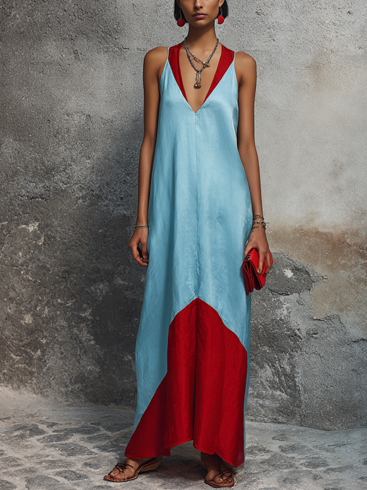 Women Retro Vacation Style Light Blue And Bright Red Color Block Satin V-Neck Sleeveless Spliced Maxi Dress MDZ2208F5GMJ