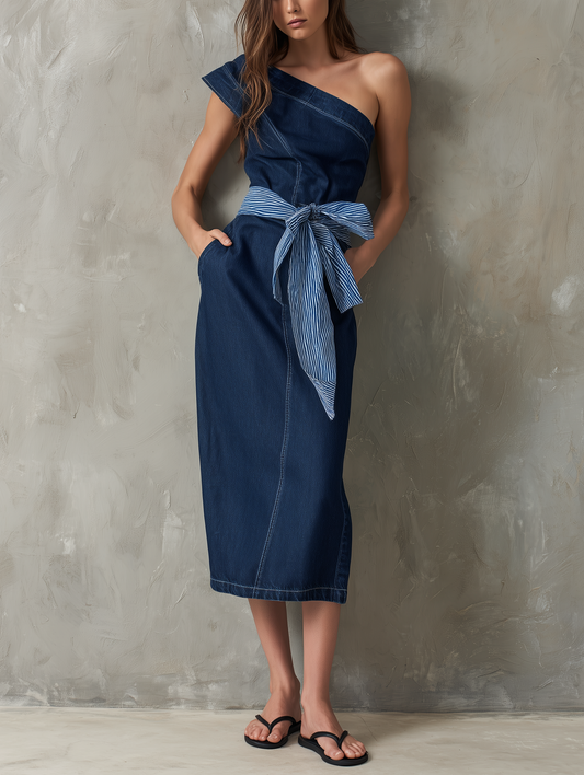 Women's Casual Denim One-Shoulder Sleeveless Midi Dress (Belt Included) MDZ2311F6LXY