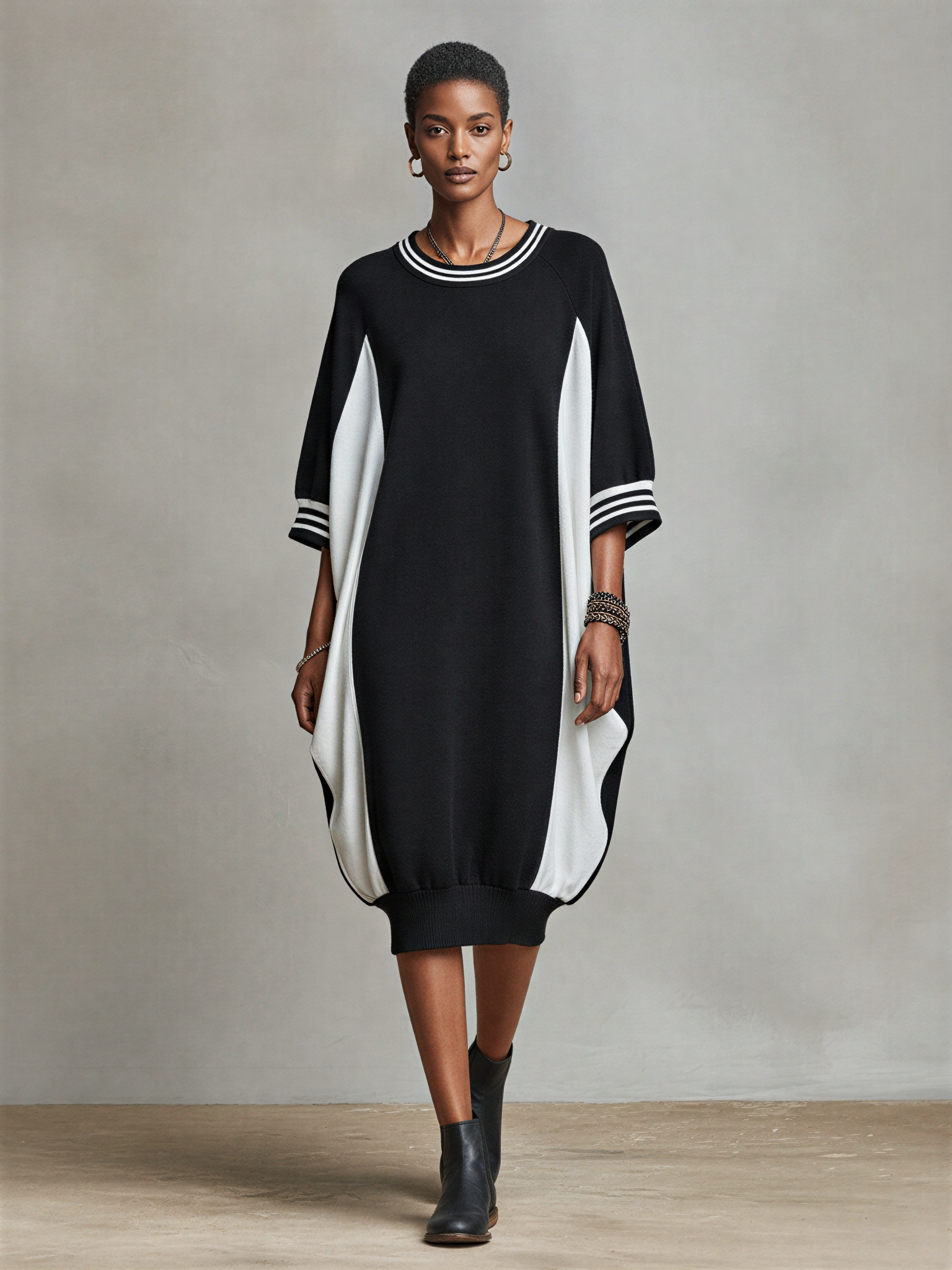 Women's Two-Tone Side Panel Loose Sweatshirt Midi Dress With Striped Trim Neck & Cocoon Silhouette, Versatile Loungewear Shift Dress MDZ2392F9LYL