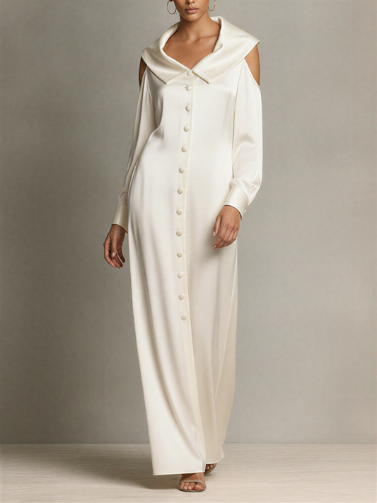 Women's Ivory Silky Satin Shirt Gown With Oversized Lapel Collar & Shoulder Cutout Detail, Minimalist Luxury Elegant Evening Gown MDZ2367F6LYL