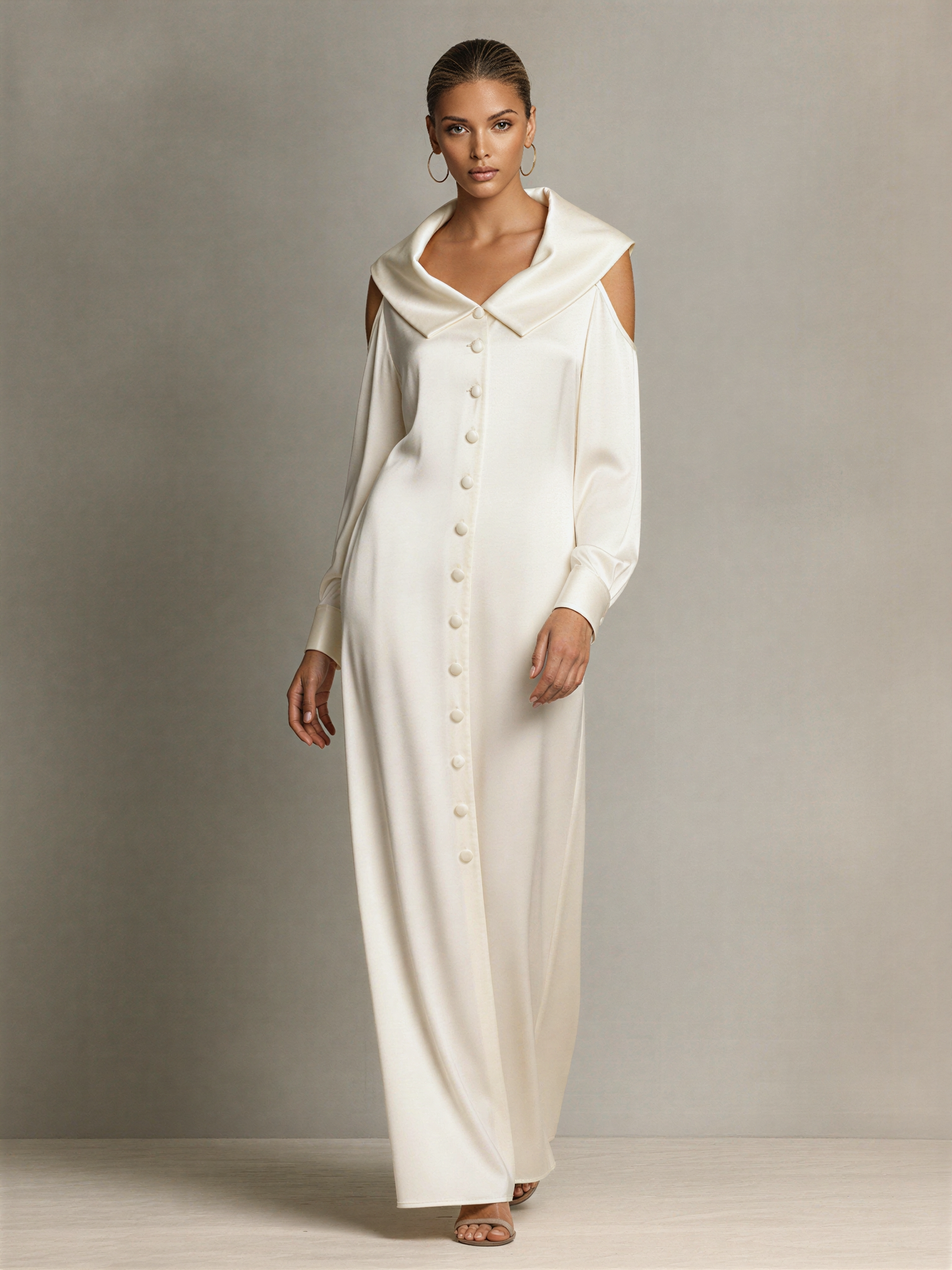 Women's Ivory Silky Satin Shirt Gown With Oversized Lapel Collar & Shoulder Cutout Detail, Minimalist Luxury Elegant Evening Gown MDZ2367F6LYL