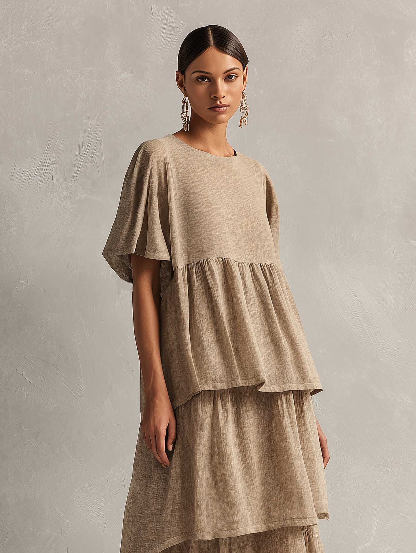 Women's Minimalist Linen-Blend Short-Sleeve Maxi Dress With Tiered Hem MDZ2371F5WY