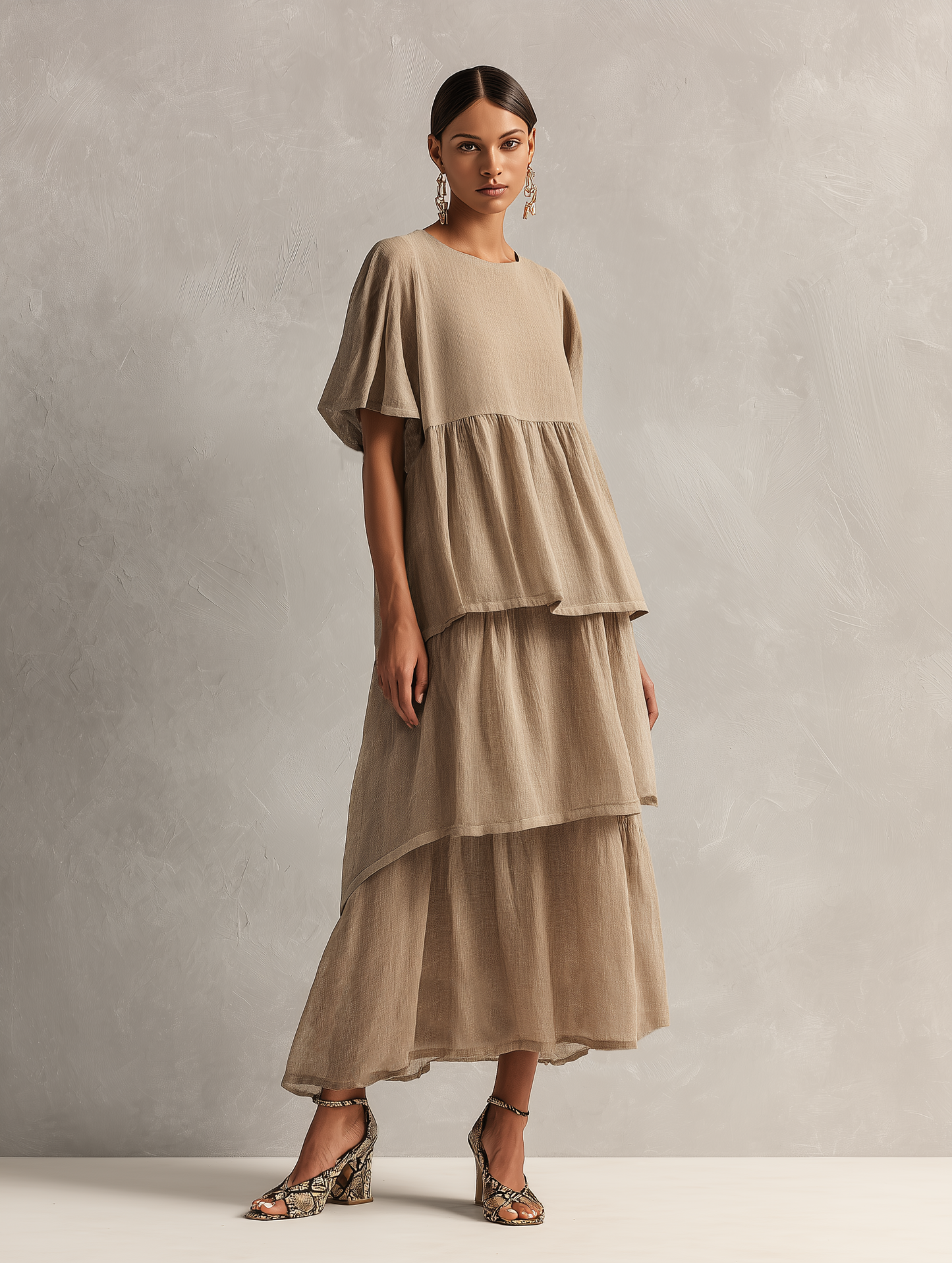 Women's Minimalist Linen-Blend Short-Sleeve Maxi Dress With Tiered Hem MDZ2371F5WY