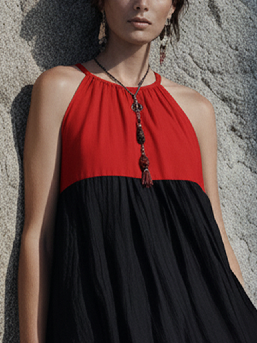 Women'S Casual Style Red And Black Spliced Cotton Blend Halter Loose Maxi Dress MDZ2322F9GMJ
