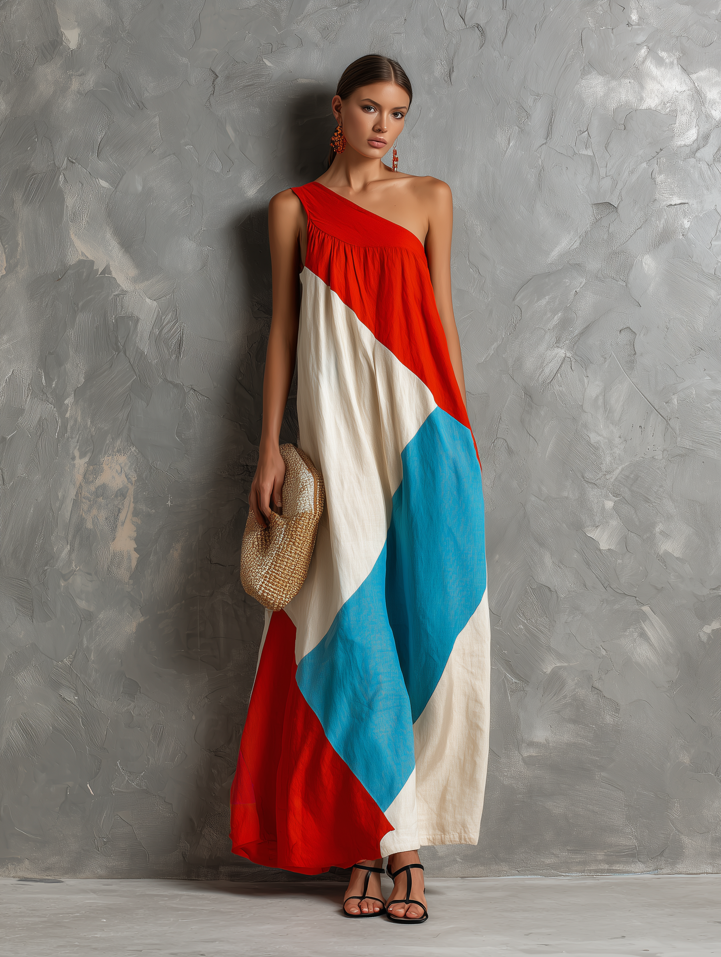 Women's Casual Red, White, And Blue Color-Block Cotton-Linen One-Shoulder Sleeveless Maxi Dress MDZ2474F7LXY