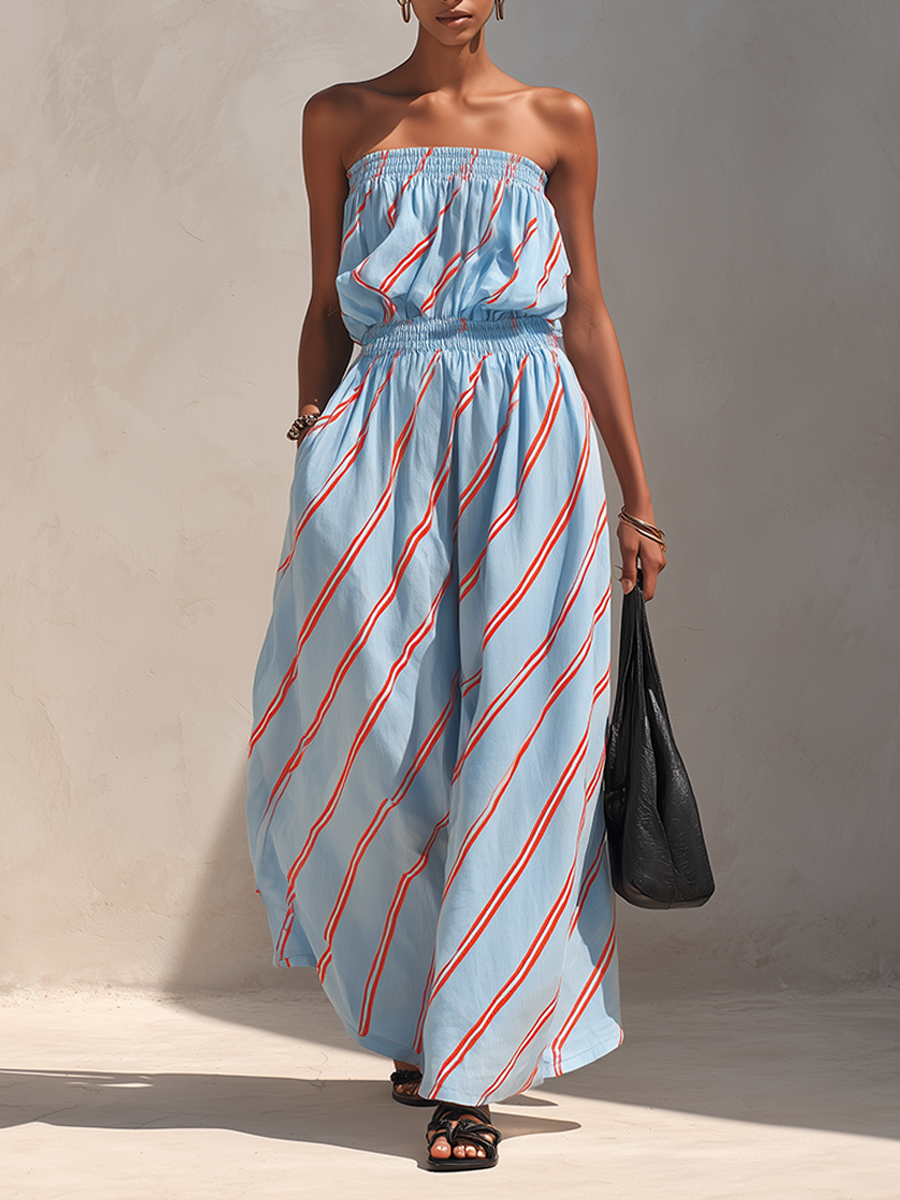 Women's Minimalist Blue & Red Diagonal Stripe Strapless Maxi Dress MDZ2480F6ZRK
