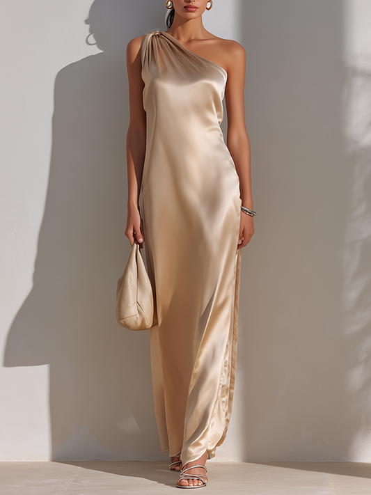 Women's Minimalist One-Shoulder Champagne Satin Maxi Dress MDZ2472F8ZRK