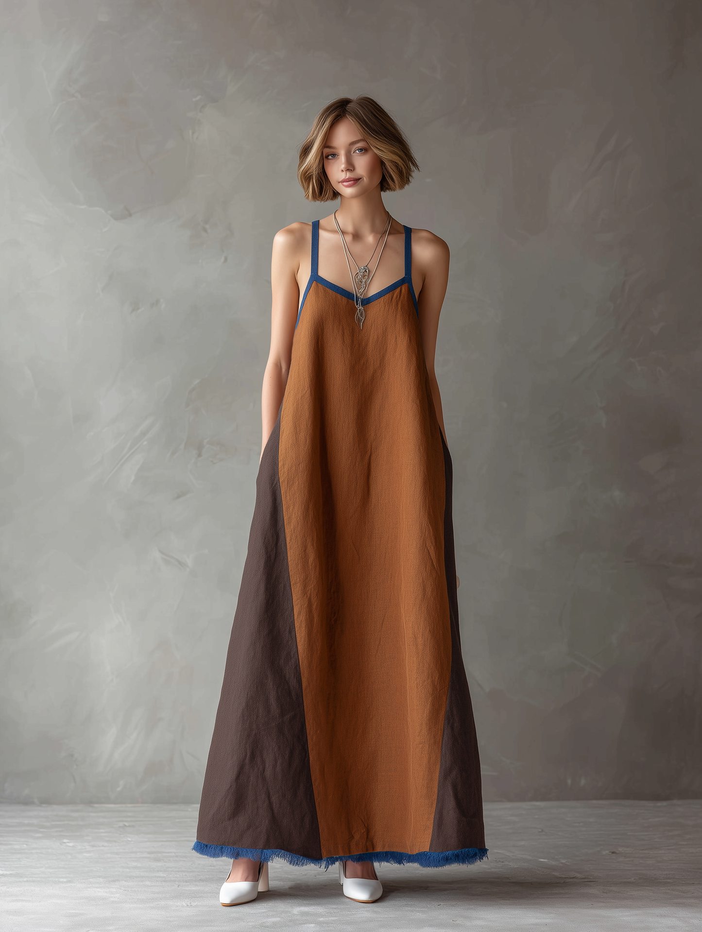 Women's Minimalist Linen-Blend Color-Block Maxi Dress With Spaghetti Straps And Raw Hem MDZ2310F1WY