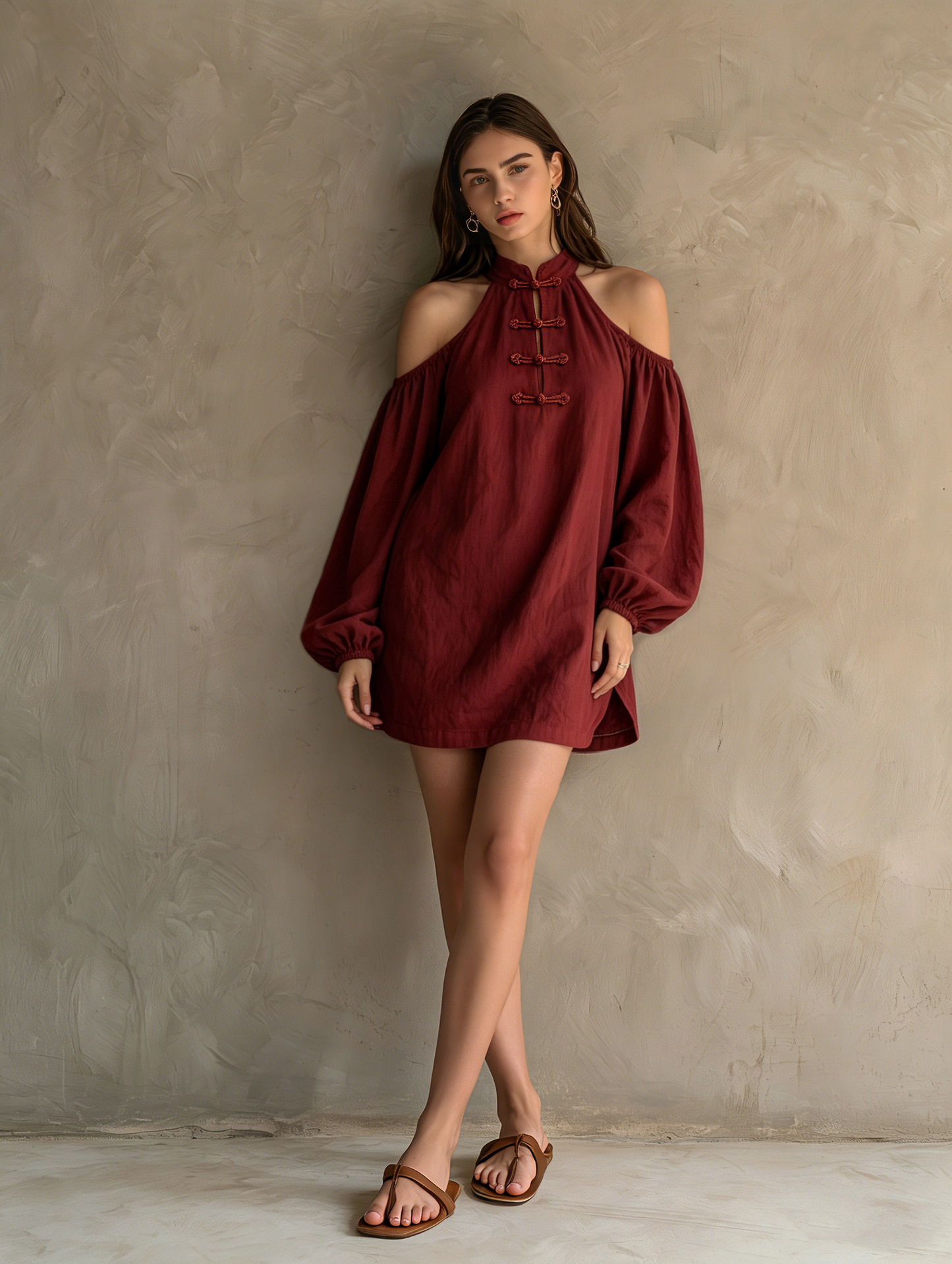 Women's Casual Dark Red Cotton-linen Off-shoulder Long-sleeve Mini Dress MDZ2597F7LXY