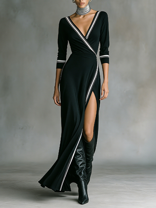 Women's Black Soft Knit Maxi Wrap Dress With White Contrast Striped Trim & High Thigh Slit, Elegant Night Out Bodycon Evening Gown MDZ2666F6LYL