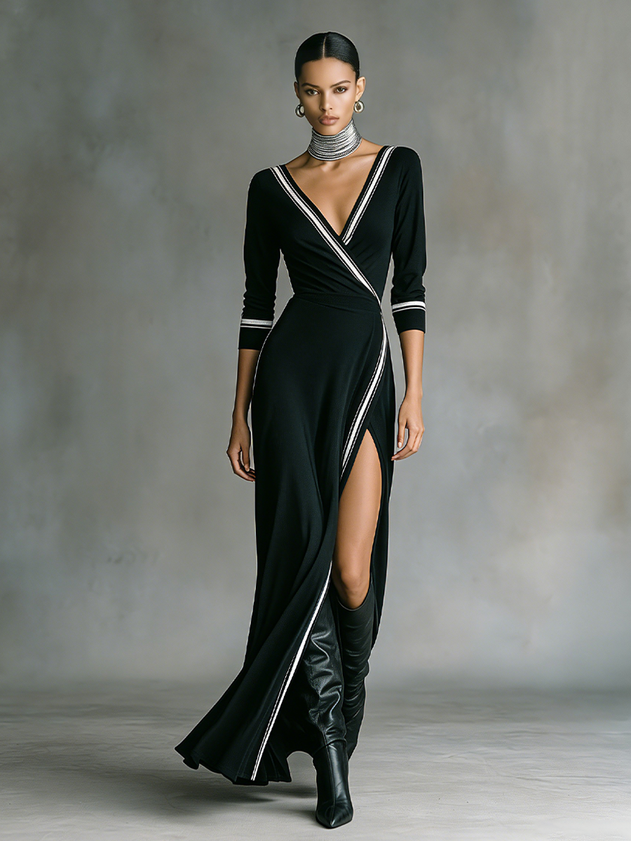 Women's Black Soft Knit Maxi Wrap Dress With White Contrast Striped Trim & High Thigh Slit, Elegant Night Out Bodycon Evening Gown MDZ2666F6LYL
