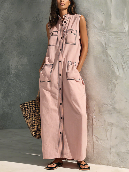 Women's Casual Pink Woven Sleeveless Maxi Dress MDZ2631F2LXY