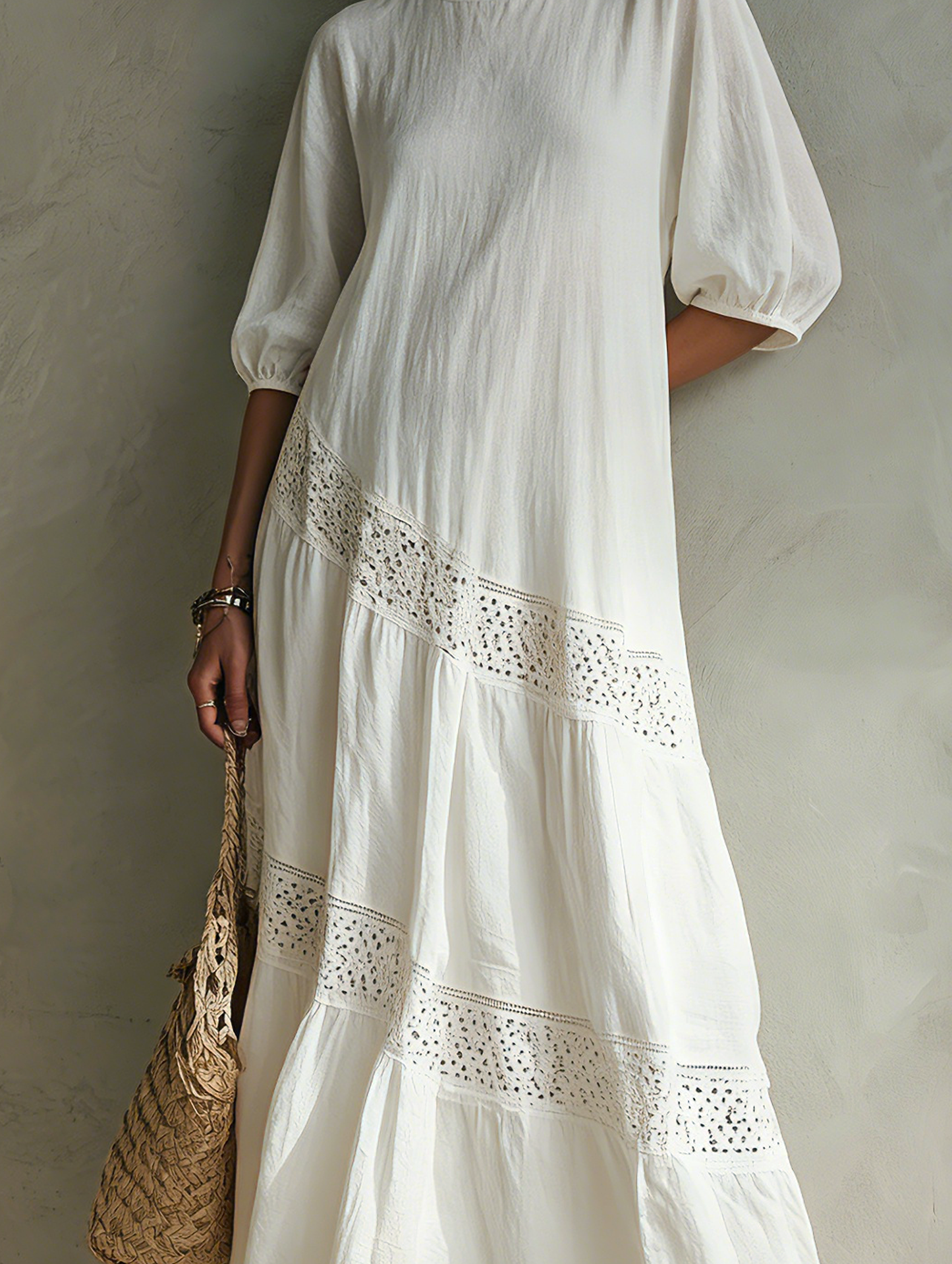 Women's Casual White Woven Midi Dress With A Round Neck And Mid-length Sleeves MDZ2601F8LXY