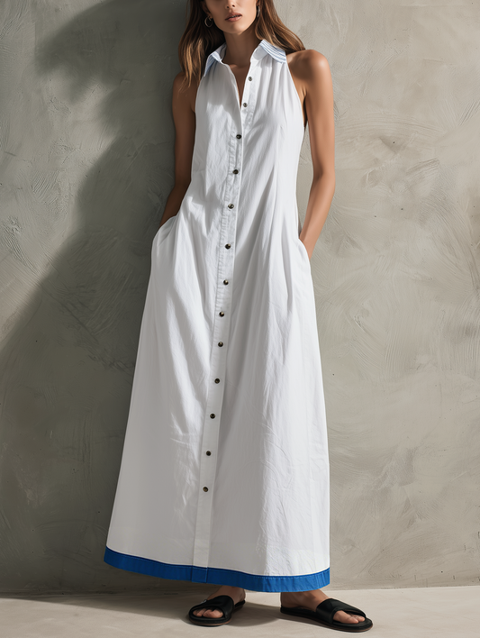 Women's Casual White Woven Sleeveless Collared Maxi Dress MDZ2619F4LXY