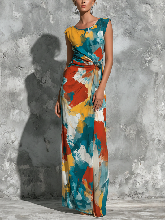 Women’s Abstract Oil Painting Print Round Neck Sleeveless Self Waist Flowy Maxi Dress MDZ2647F9T