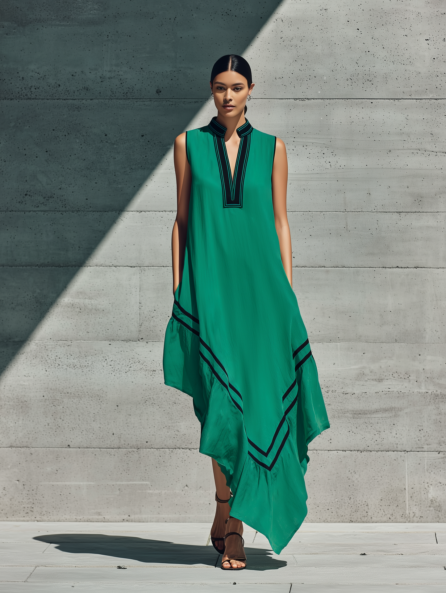Women’s Emerald Green Stand Collar V Notch Black Contrast Piping Sleeveless Loose Asymmetric Ruffle Hem Maxi Dress MDZ2941F3T