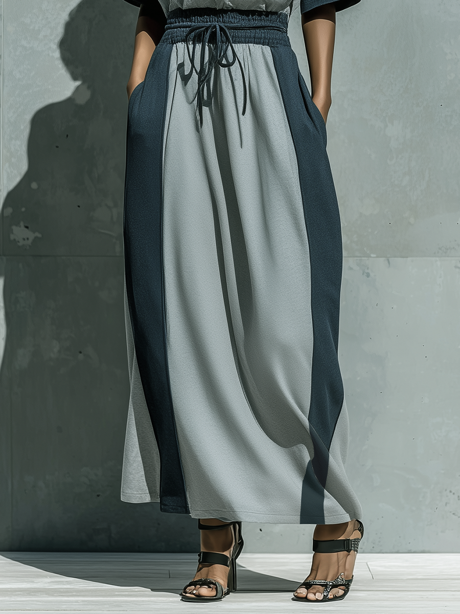 Women’s Two Tone Grey Off The Shoulder Short Sleeve Drawstring Waist Color Block Loose Maxi Dress With Side Pockets MDZ2924F0T