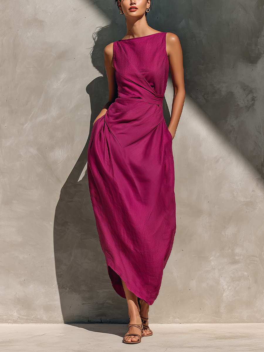 Women’s Fuchsia Linen Sleeveless Boat Neck Cross Asymmetric Hem Midi Dress With Side Pockets MDZ2967F5T