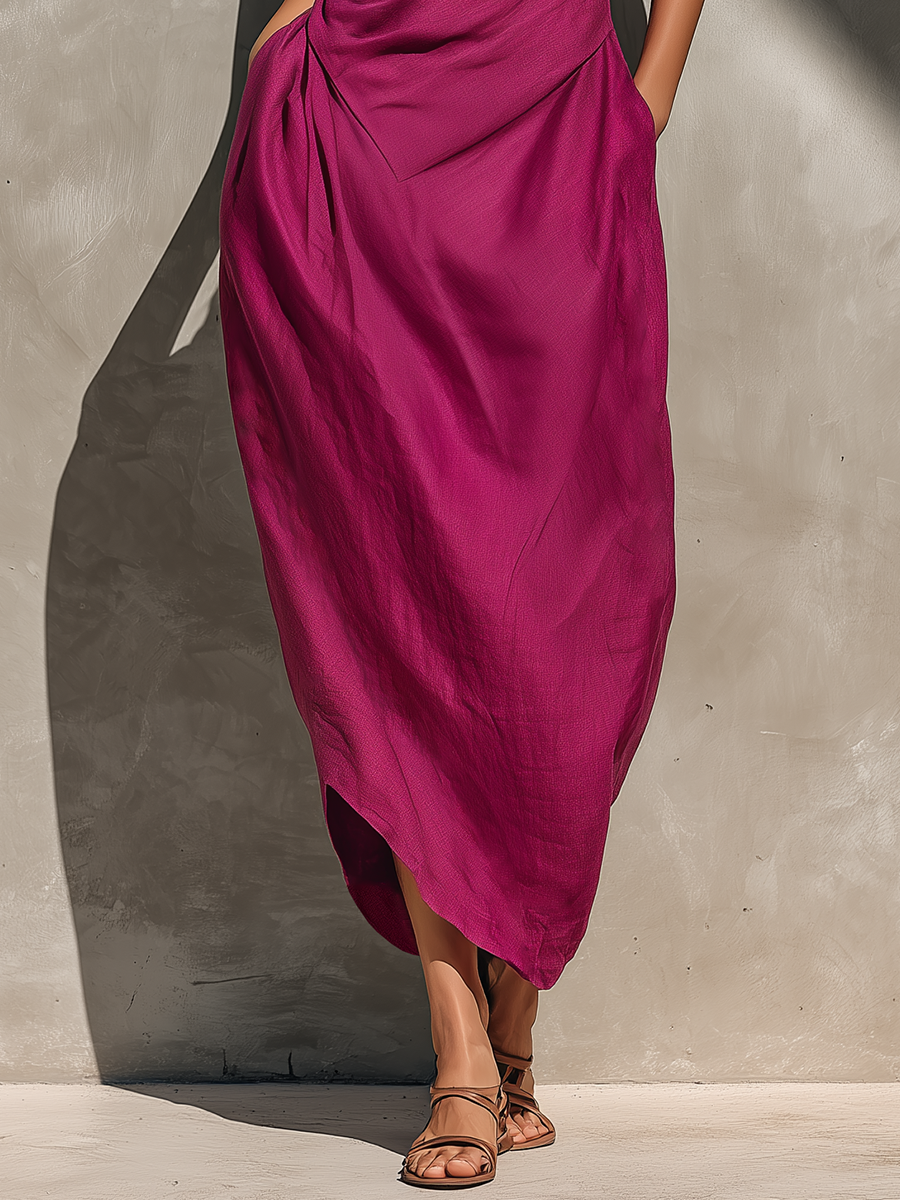 Women’s Fuchsia Linen Sleeveless Boat Neck Cross Asymmetric Hem Midi Dress With Side Pockets MDZ2967F5T