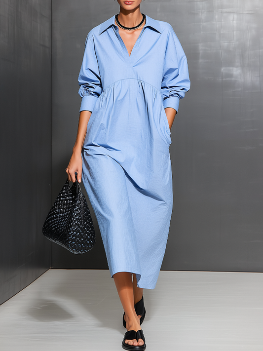 Women's Light Blue Cotton-Blend Oversized Dress With Puffed Cuff Long Sleeves & Side Pockets, Modern Effortless-Chic Daily Shirt Dress MDZ3027F3LYL
