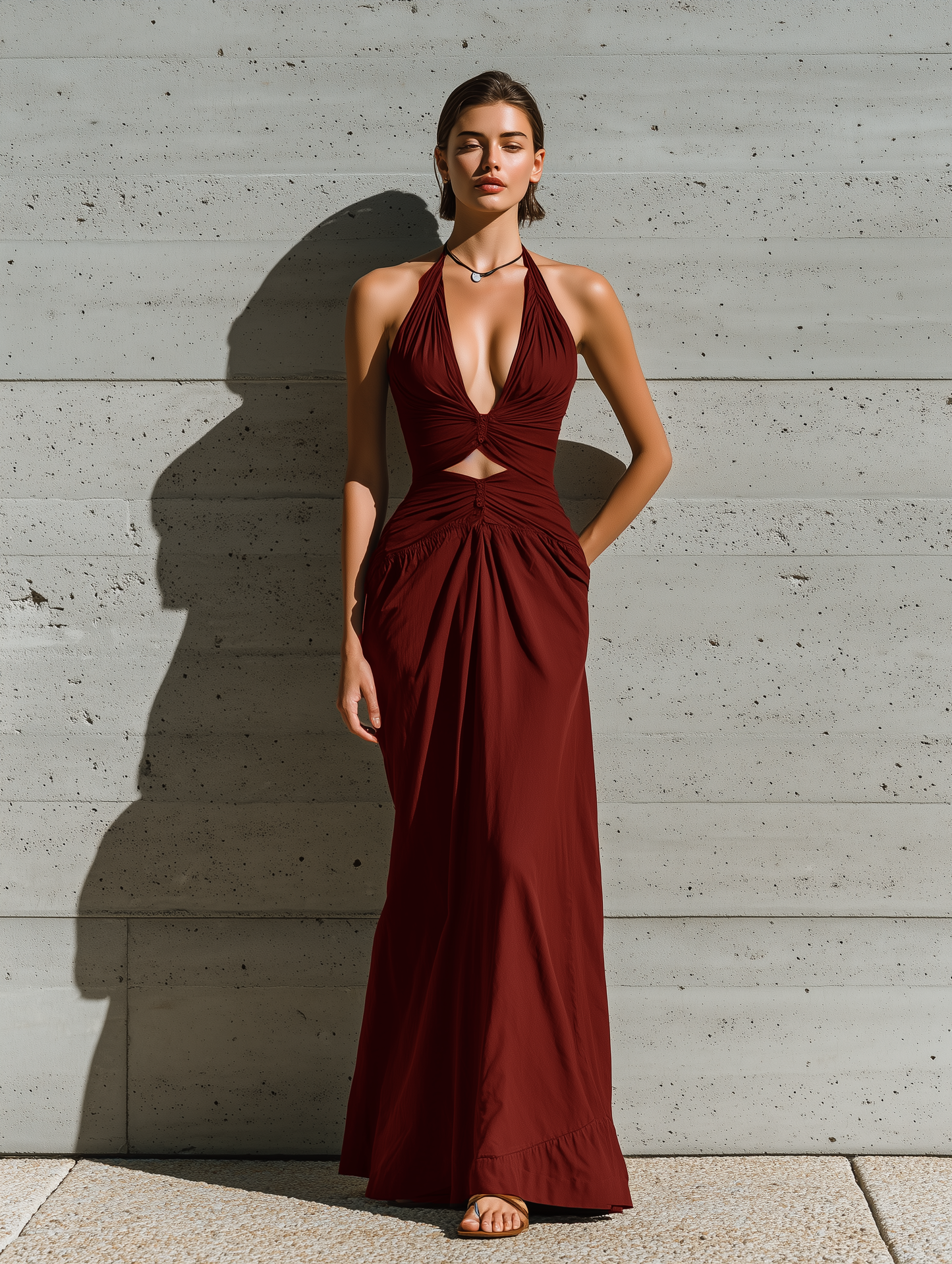 Women’s Burgundy Halter Deep V Twist Ruched Cutout Waist Side Pocket Maxi Dress MDZ3059F0T