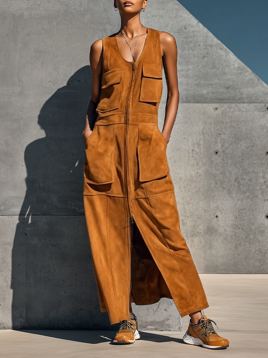 Women’s Camel Faux Suede Sleeveless U-Neck Full Front Zip Multi Patch Pockets Side Split Maxi Cargo Dress With Side Pockets MDZ3041F4T