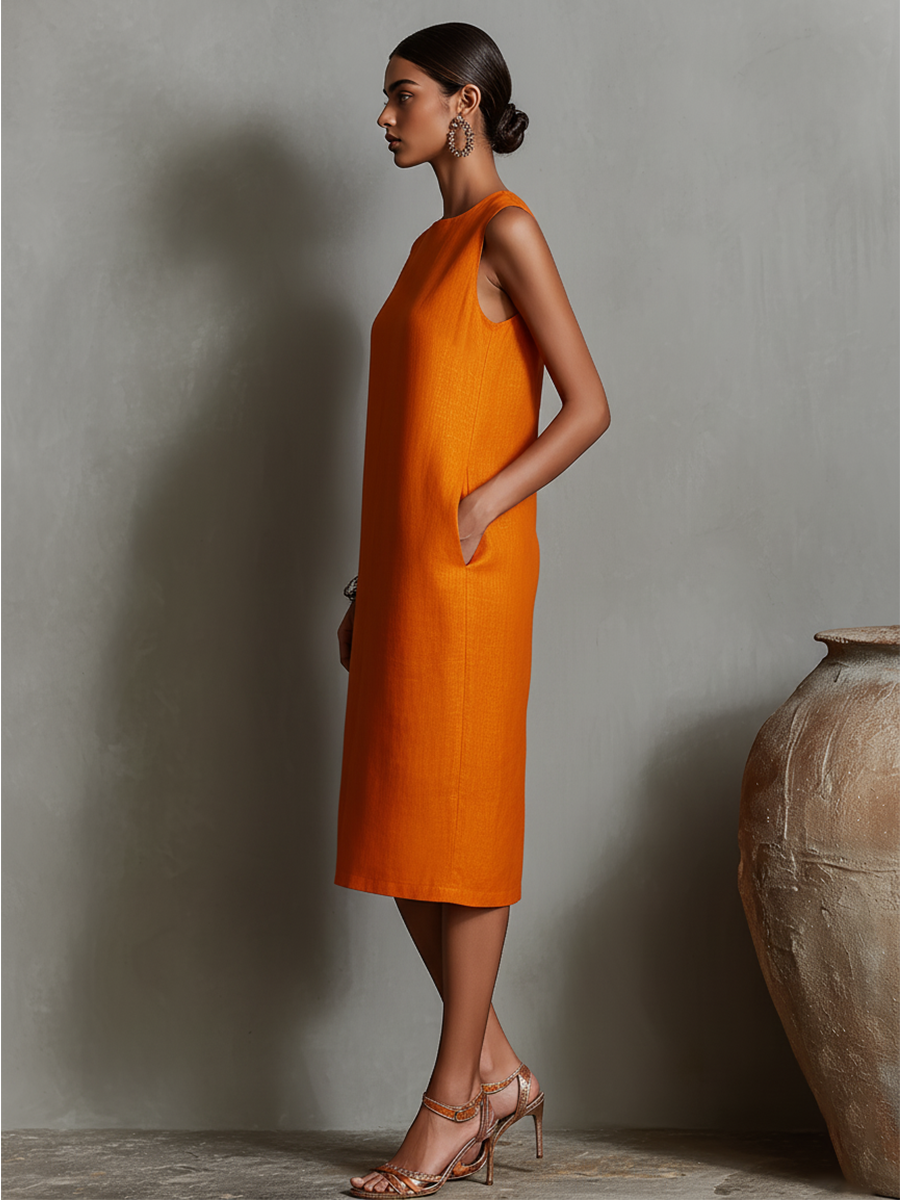 Women's Orange Linen Shift Dress With Sleeveless Round Neck & Side Pockets, Timeless Minimalist-Elegant Style Dress MDZ2851C7I