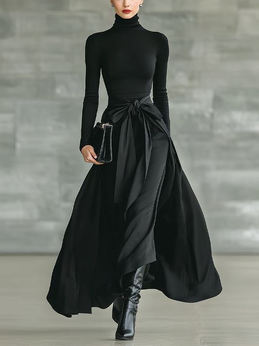 Women's Black High-Neck High-Stretch Knitted And Satin Flared Maxi Dress MDA2851J4T