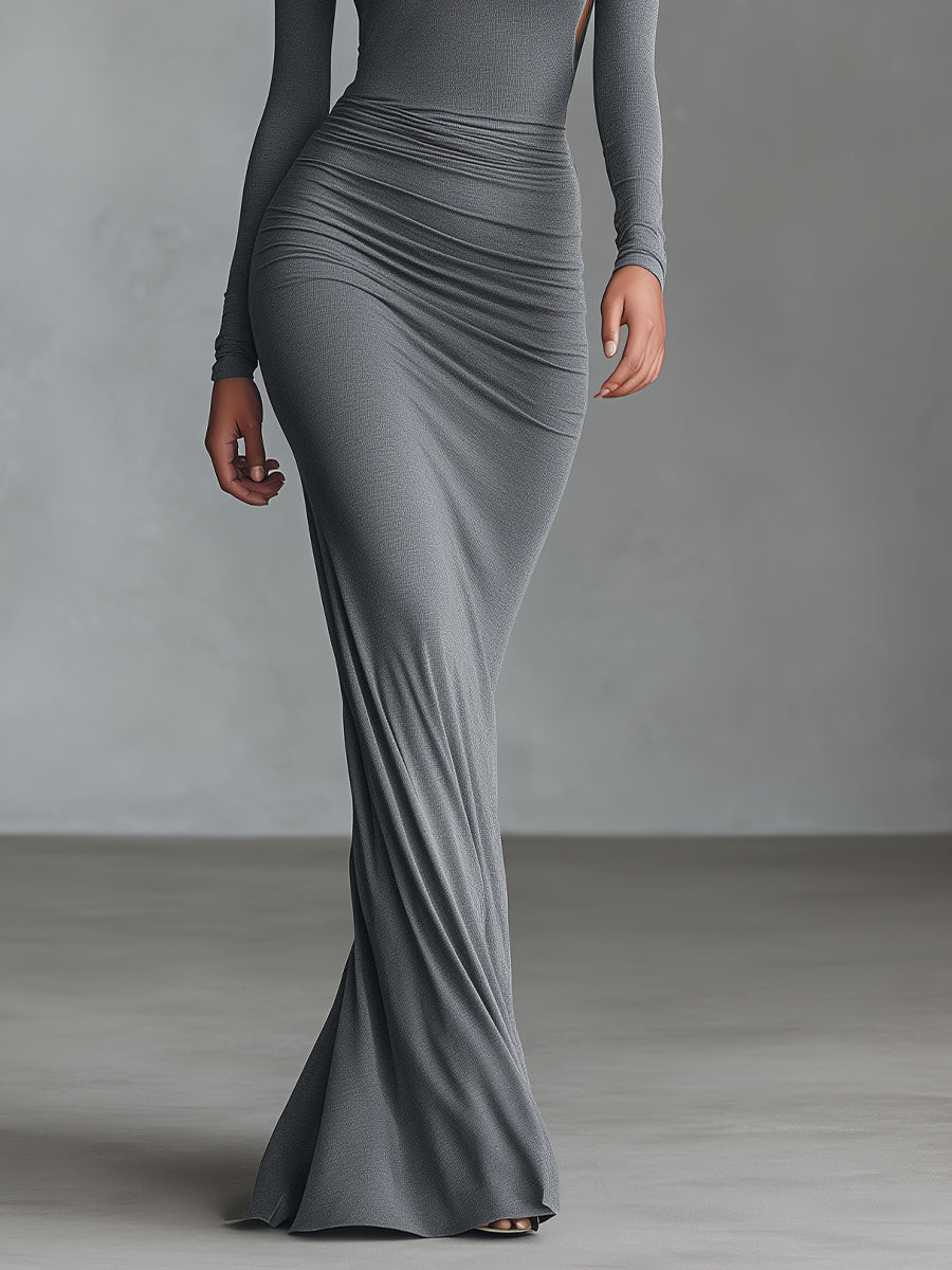 Women's Grey Elegant Stretch - Polyester-Cotton Blend Ruched Open - Back Maxi Dress MDA2860H8I