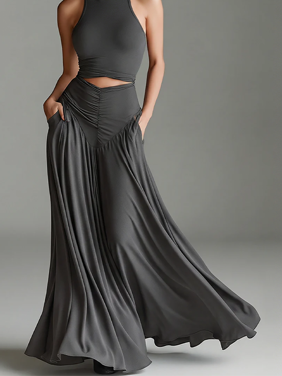 Women's Charcoal Gray Stretch Knit Dress With Turtleneck Halter & Cutout Waist, Timeless Minimalist Elegant Style Dress MDZ0960B2I